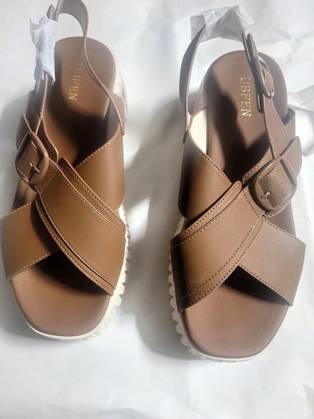 UBFEN P9105-CF Platform Buckle Sandals in Brown & White EU 40 NWT